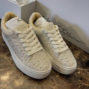Betsey Johnson Cream Pearl-Embellished Sneakers